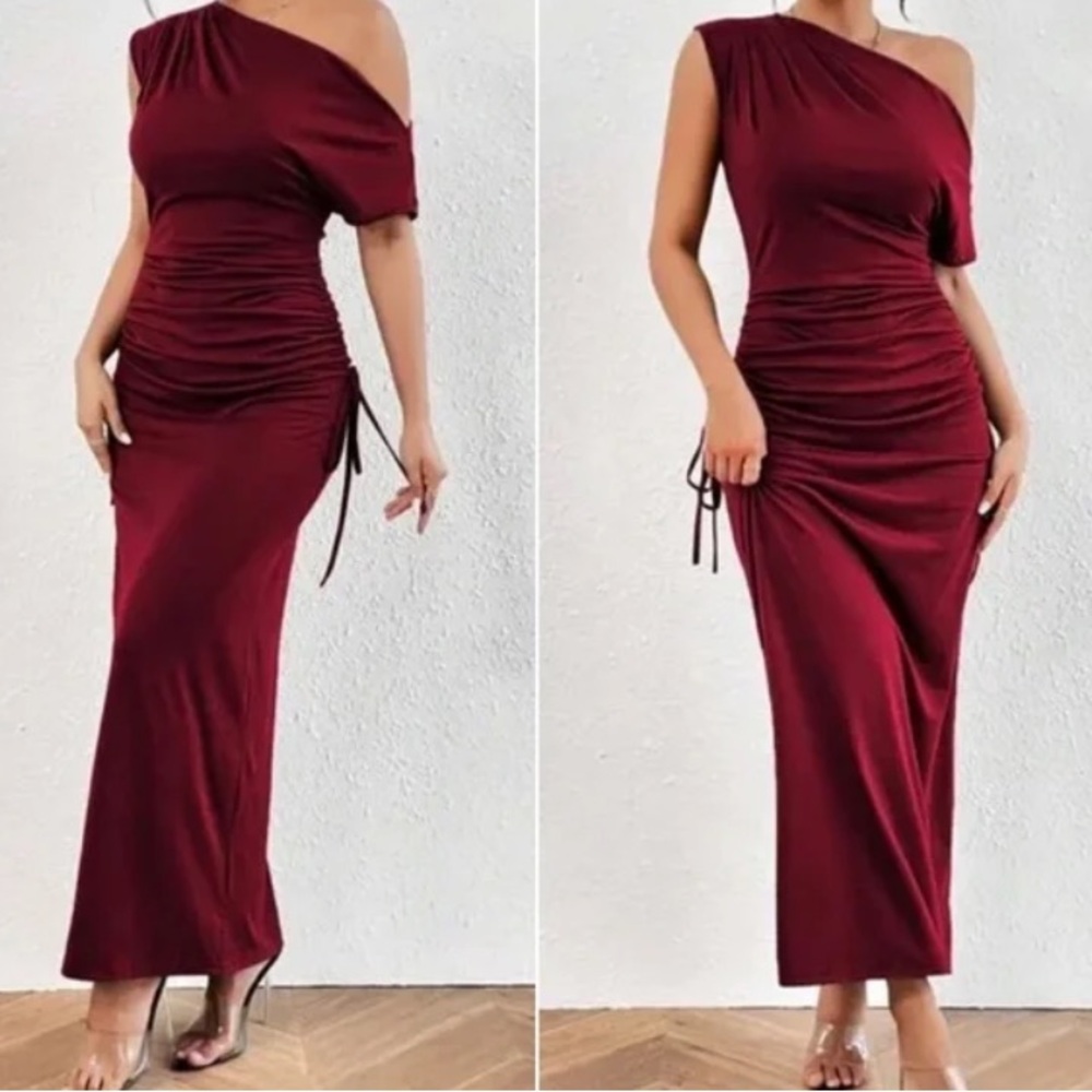 Luxe burgundy one shoulder ruched sides maxi dress